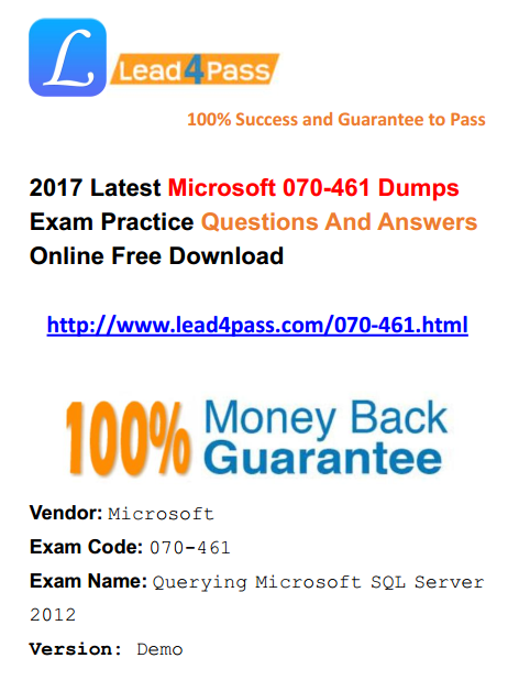 [100% Pass Rate] New Microsoft Business Intelligence 70-461 Dumps Exam Practice Update Youtube Free Shared